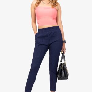 Line Slub Lycra Cotton Kurti Pant - Free Size, Navy Blue