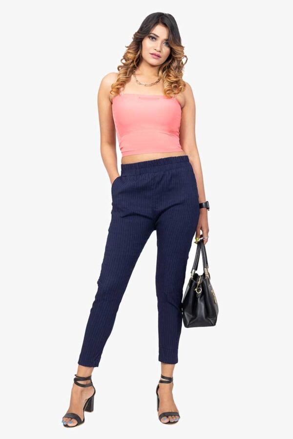 Line Slub Lycra Cotton Kurti Pant - Free Size, Navy Blue