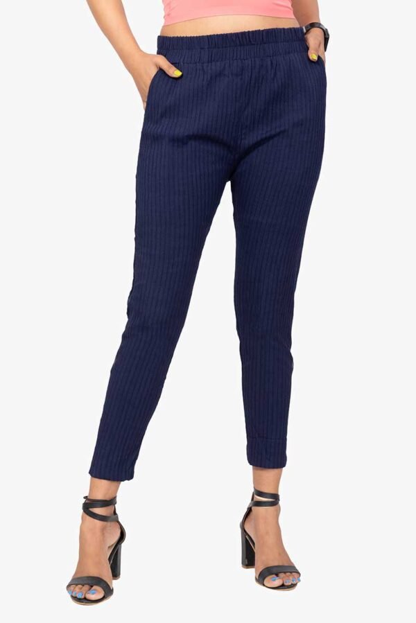 Line Slub Lycra Cotton Kurti Pant - Free Size, Navy Blue