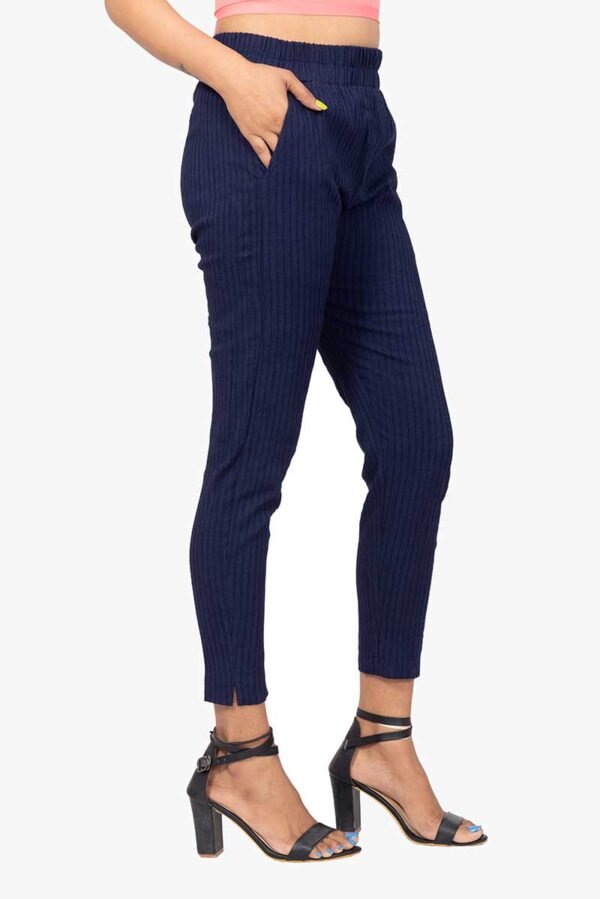 Line Slub Lycra Cotton Kurti Pant - Free Size, Navy Blue