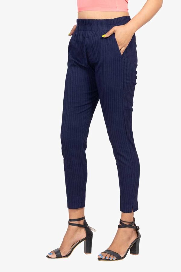Line Slub Lycra Cotton Kurti Pant - Free Size, Navy Blue