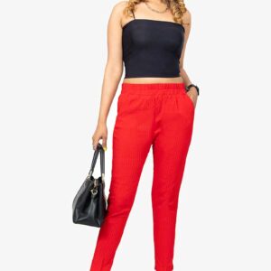 Line Slub Lycra Cotton Kurti Pant (LRB) - Free Size, Red Colour