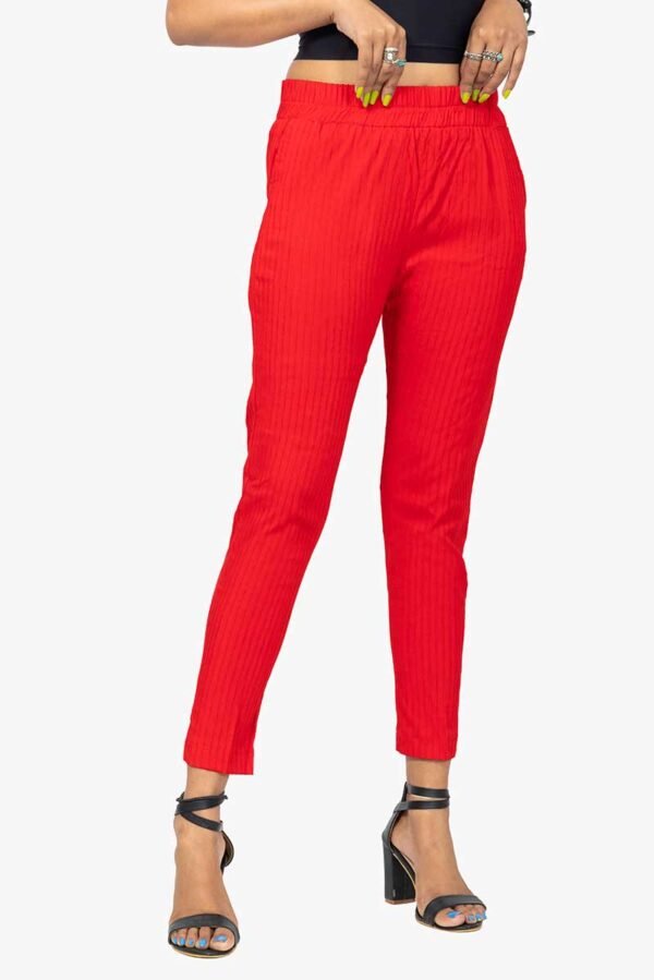Line Slub Lycra Cotton Kurti Pant (LRB) - Free Size, Red Colour