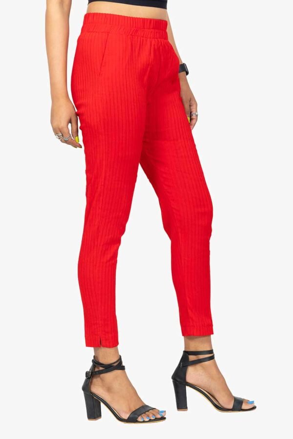 Line Slub Lycra Cotton Kurti Pant (LRB) - Free Size, Red Colour